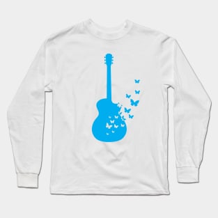 Acoustic Guitar Silhouette Turning Into Butterflies Blue Long Sleeve T-Shirt